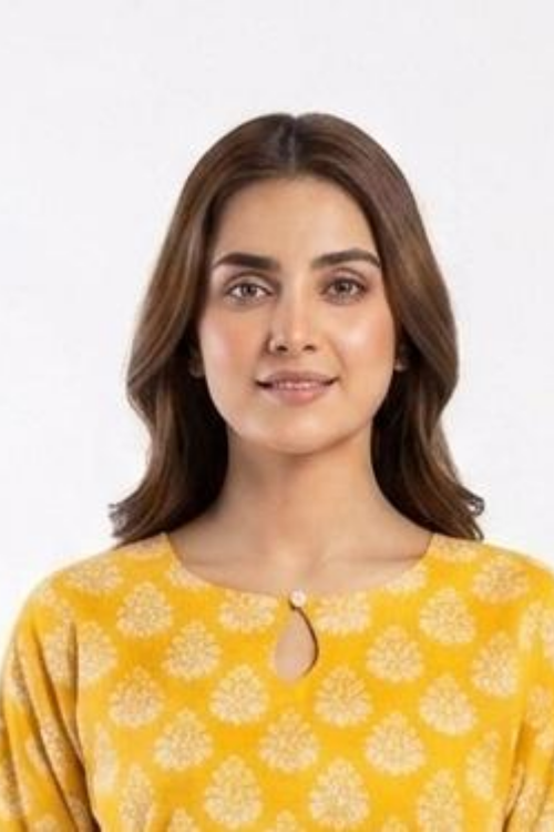 Premium Yellow Cotton Printed Kurti for Women – Lace Sleeve & Pearl Neck Detail