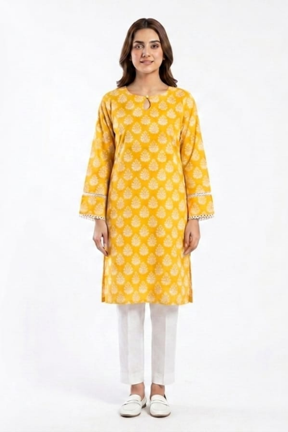 Premium Yellow Cotton Printed Kurti for Women – Lace Sleeve & Pearl Neck Detail