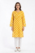 Premium Yellow Cotton Printed Kurti for Women – Lace Sleeve & Pearl Neck Detail