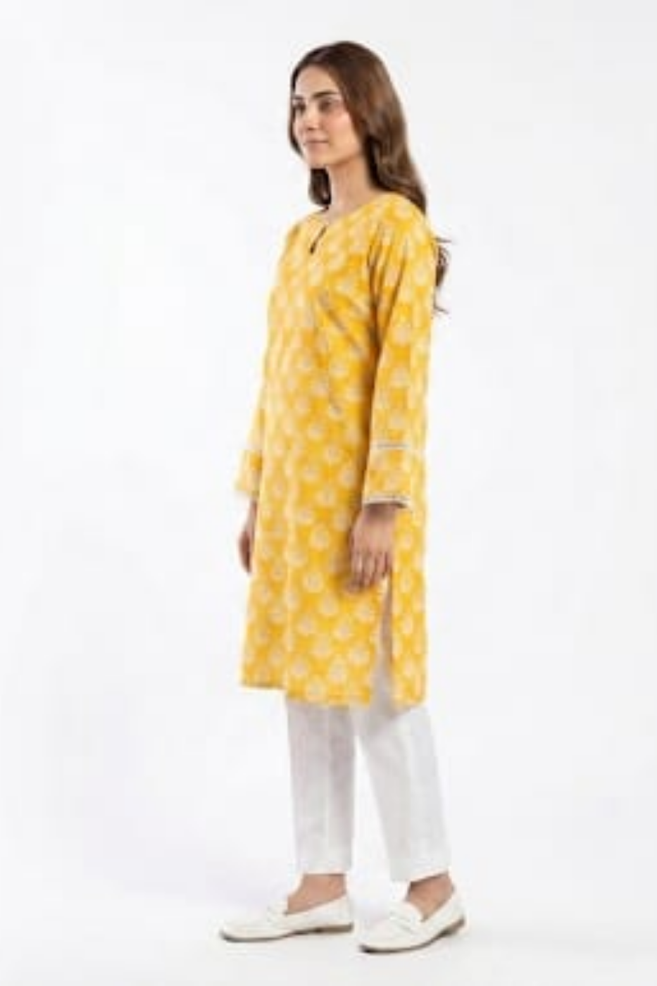 Premium Yellow Cotton Printed Kurti for Women – Lace Sleeve & Pearl Neck Detail