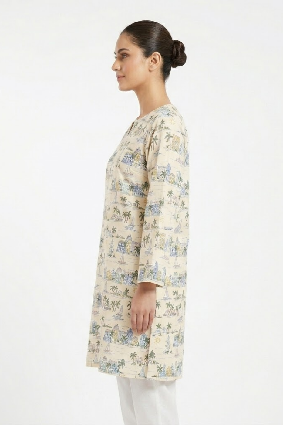 Premium White Printed Cotton Kurti for Women – Scenic Palm & Beach Print | Summer Casual Wear