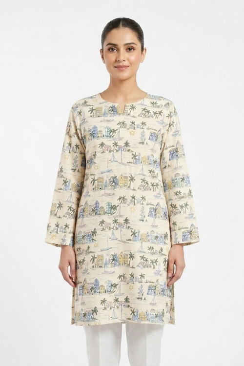 Premium White Printed Cotton Kurti for Women – Scenic Palm & Beach Print | Summer Casual Wear