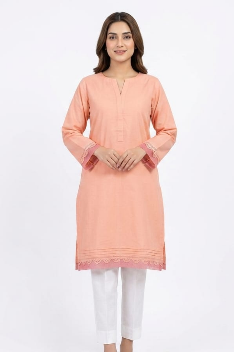 Elegant Peach Cotton Kurti for Women – Minimal Embroidered Sleeve Design | Premium Casual Wear