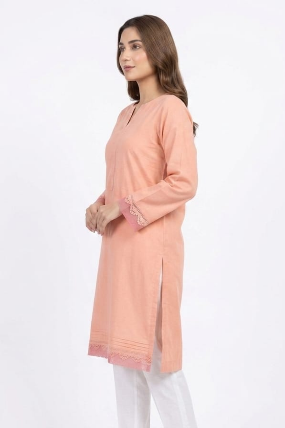 Elegant Peach Cotton Kurti for Women – Minimal Embroidered Sleeve Design | Premium Casual Wear
