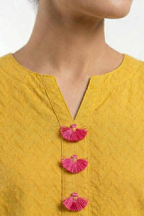 Premium Mustard Yellow Cotton Kurti for Women – Tassel Neck Design | Trendy Summer Casual Wear