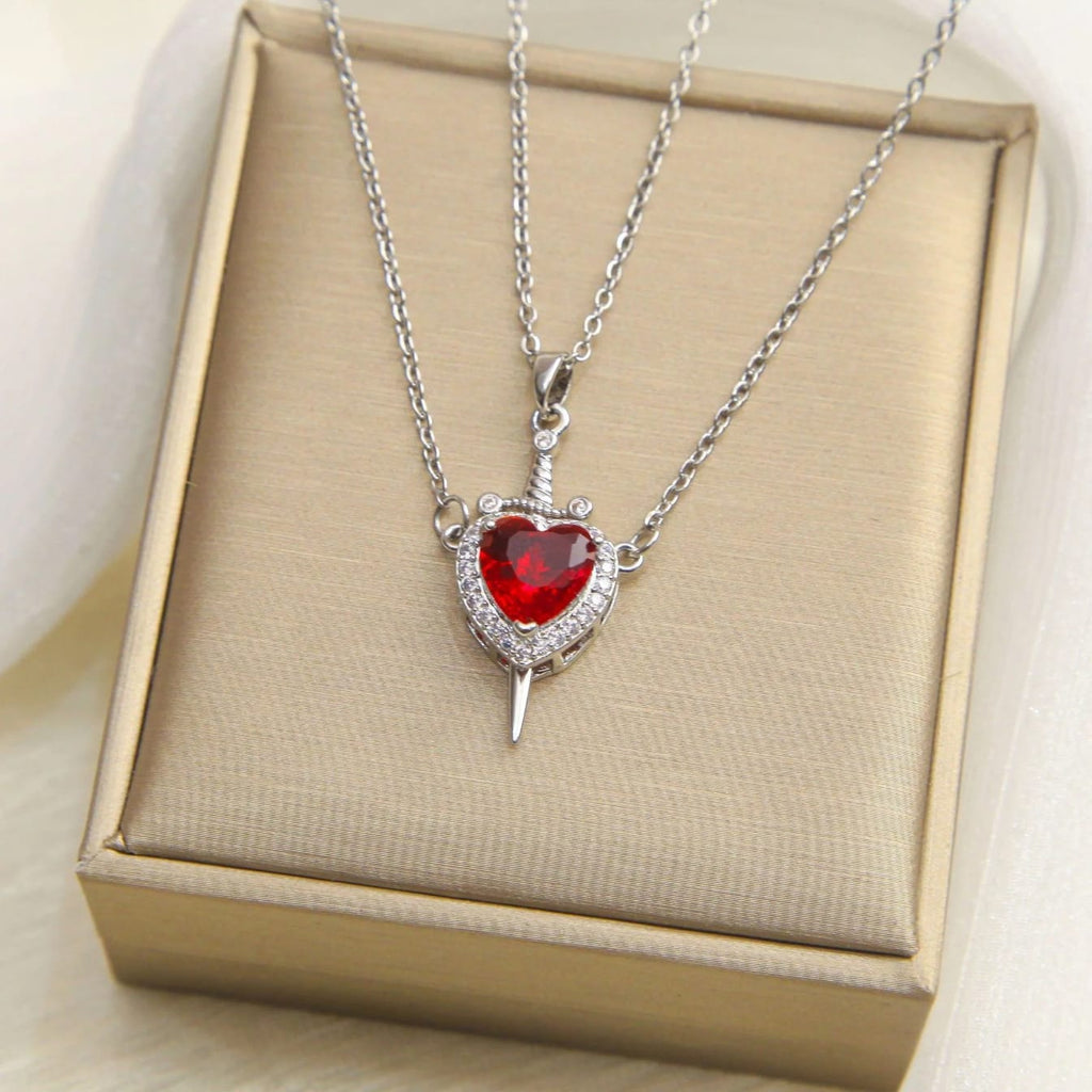 Premium Stainless Steel Heart & Sword Couple Necklace Set for Men & Women
