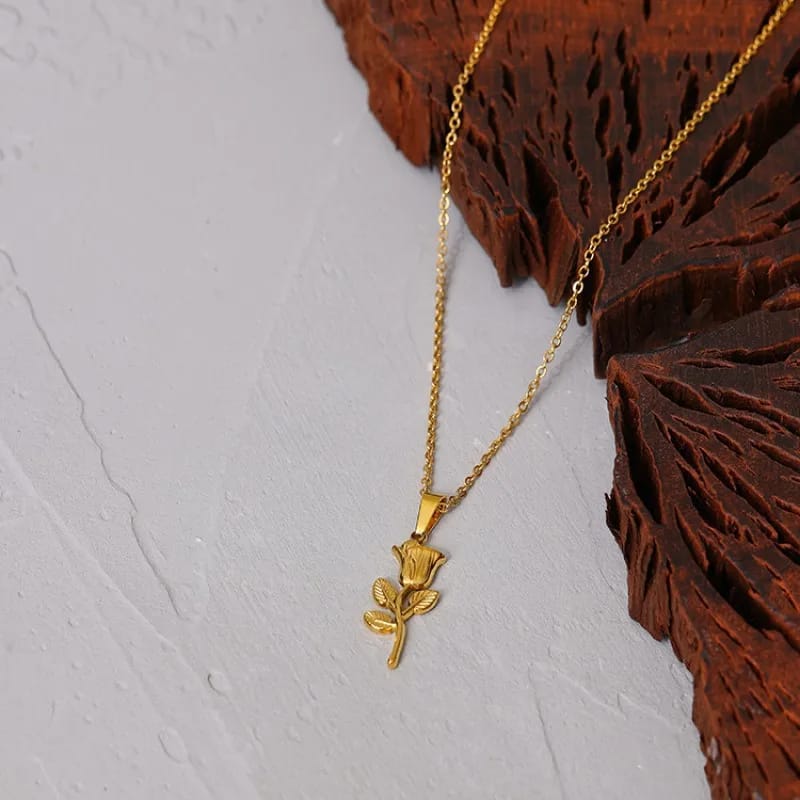 Premium Gold Plated Stainless Steel Rose Flower Pendant Necklace – Jewelry Box Included