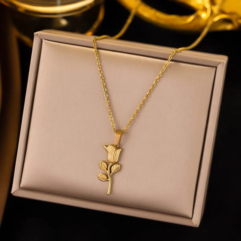 Premium Gold Plated Stainless Steel Rose Flower Pendant Necklace – Jewelry Box Included