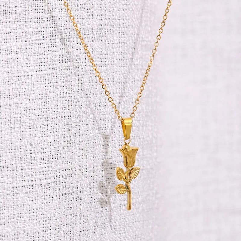Premium Gold Plated Stainless Steel Rose Flower Pendant Necklace – Jewelry Box Included