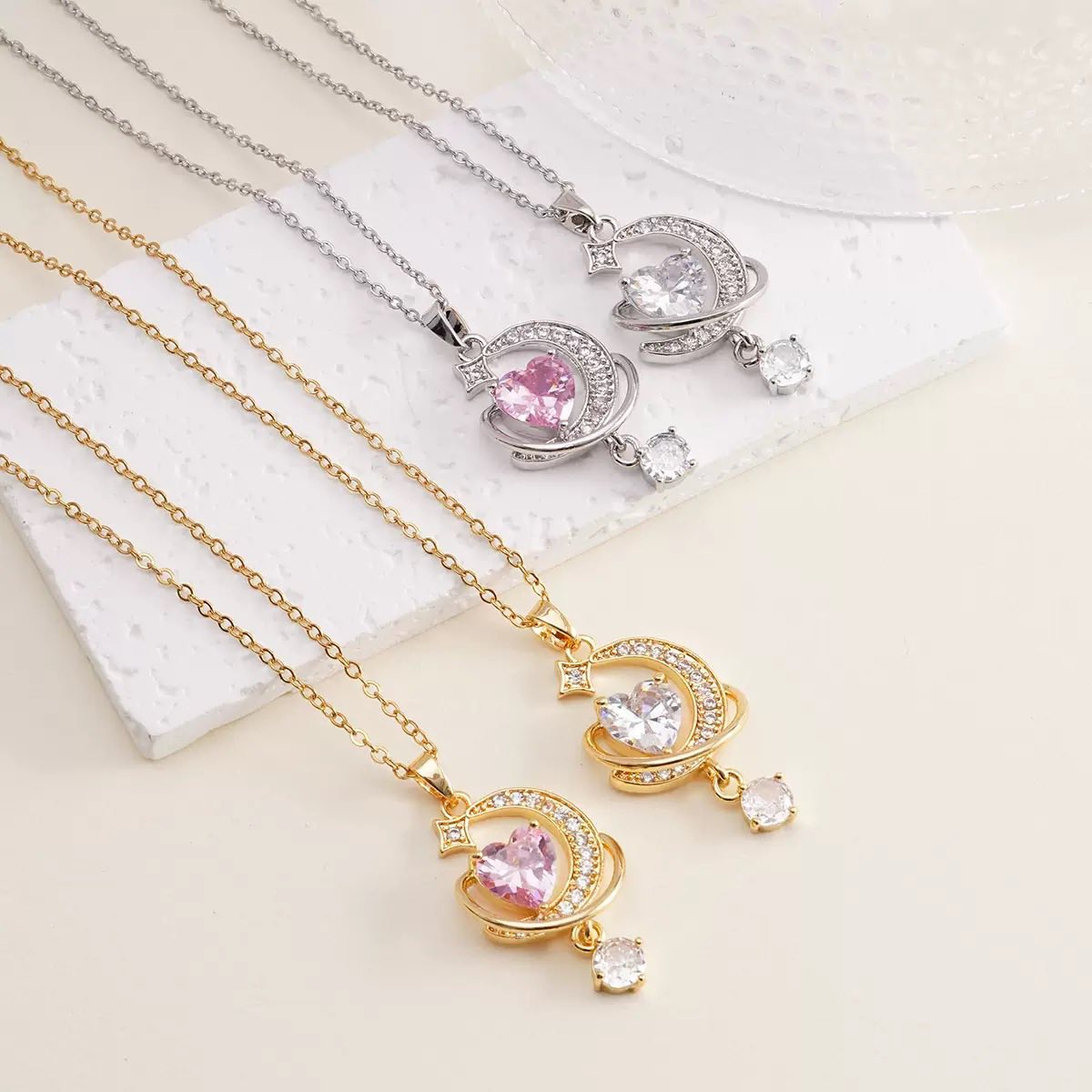 Luna Heart Crystal Necklace for Women – Stainless Steel Celestial Pendant