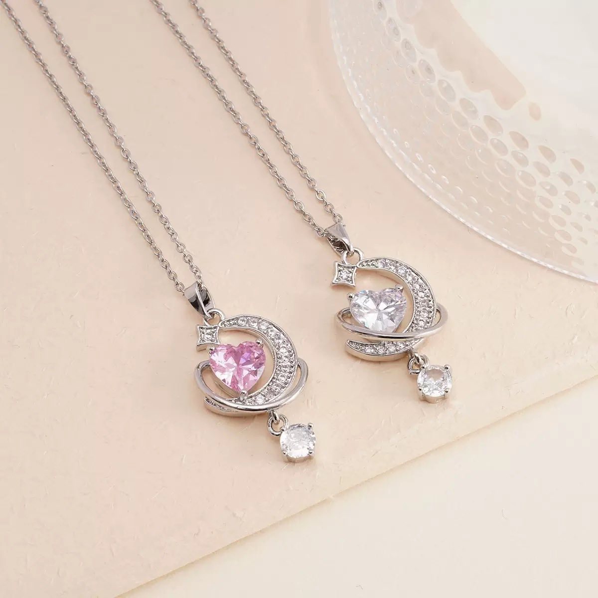 Luna Heart Crystal Necklace for Women – Stainless Steel Celestial Pendant